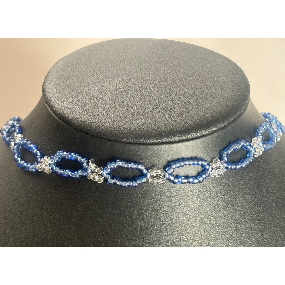 Vintage Y2K Blue Seed Bead Choker Necklace 13 Inch Boho Beaded Chain Link